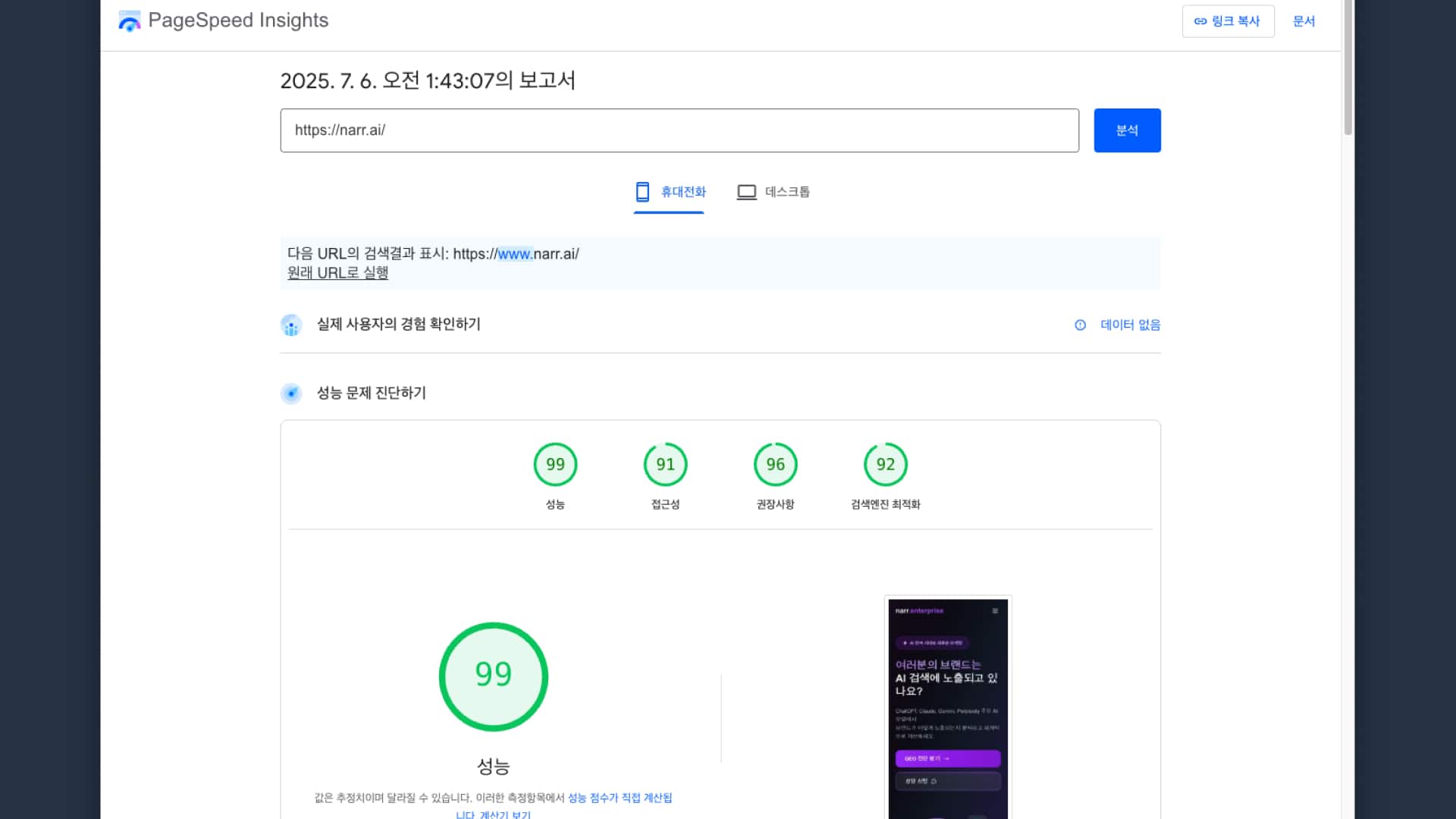 나르 웹사이트 테크니컬 SEO 측정 - PageSpeed Insights 모바일 결과